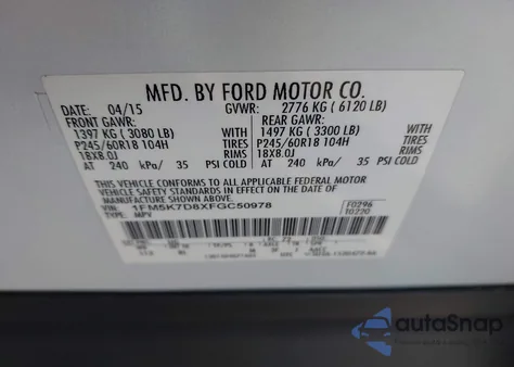 2015 Ford Explorer Xlt from USA, damaged, VIN 1FM5K7D8XFGC50978